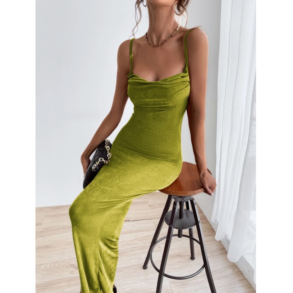 Backless Green Cowl Neck Long Slim Dress - Picture 1 of 15